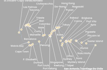 Chile, Zámořské území Velké Británie, Francouzská Polynésie, Zámořské společenství Francie, Samoa, Tonga, Fidži, Vanuatská republika, Nová Kaledonie, Austrálie, Papua Nová Guinea, Japonsko, Jižní Korea, Tchaj-wan, Čína, Vietnam, Singapur, Malajsie, Srí Lanka, Maledivy, Mauricius, Jihoafrická republika, Namibie, Kapverdy, Španělsko, Francie, Itálie, Řecko ze San Antonio na lodi Costa Deliziosa