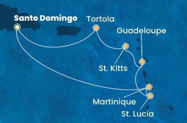 Dominikánská republika, Martinik, Svatá Lucie, Guadeloupe, Svatý Kryštof a Nevis, Britské Panenské ostrovy ze Santo Dominga na lodi Costa Fascinosa