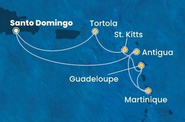Dominikánská republika, Antigua a Barbuda, Martinik, Guadeloupe, Svatý Kryštof a Nevis, Britské Panenské ostrovy ze Santo Dominga na lodi Costa Favolosa