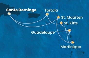 Dominikánská republika, Svatý Martin, Martinik, Guadeloupe, Svatý Kryštof a Nevis, Britské Panenské ostrovy ze Santo Dominga na lodi Costa Favolosa
