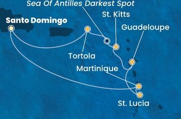 Dominikánská republika, Martinik, Svatá Lucie, Guadeloupe, Svatý Kryštof a Nevis, Jamajka, Britské Panenské ostrovy ze Santo Dominga na lodi Costa Fascinosa