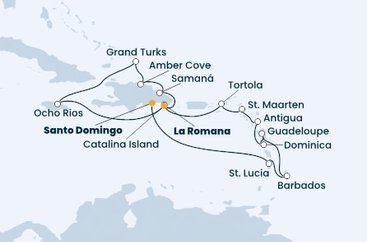 Dominikánská republika, Svatá Lucie, Barbados, Guadeloupe, Dominika, Antigua a Barbuda, Svatý Martin, Britské Panenské ostrovy, Jamajka, Zámořské území Velké Británie ze Santo Dominga na lodi Costa Pacifica
