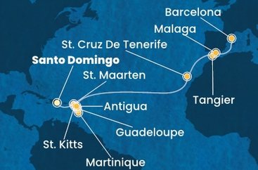 Dominikánská republika, Svatý Martin, Martinik, Guadeloupe, Svatý Kryštof a Nevis, Antigua a Barbuda, Španělsko, Maroko ze Santo Dominga na lodi Costa Favolosa