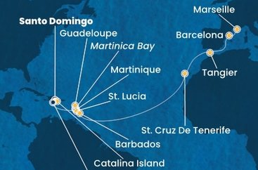 Dominikánská republika, , Martinik, Zámořský departement Francie, Guadeloupe, Svatá Lucie, Barbados, Španělsko, Maroko, Francie ze Santo Dominga na lodi Costa Fascinosa
