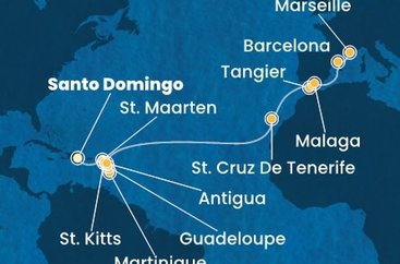 Dominikánská republika, Svatý Martin, Martinik, Guadeloupe, Svatý Kryštof a Nevis, Antigua a Barbuda, Španělsko, Maroko, Francie ze Santo Dominga na lodi Costa Favolosa