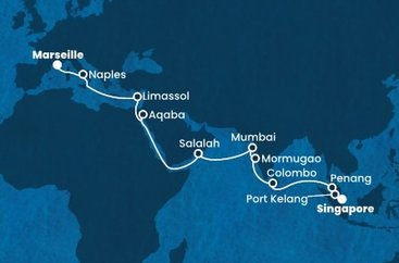 Singapur, Malajsie, Srí Lanka, Indie, Omán, Jordánsko, Kypr, Itálie, Francie ze Singapuru na lodi Costa Deliziosa