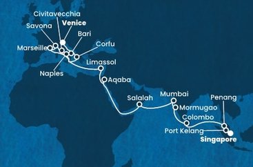Singapur, Malajsie, Srí Lanka, Indie, Omán, Jordánsko, Kypr, Itálie, Francie, Řecko ze Singapuru na lodi Costa Deliziosa