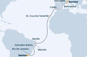 Brazílie, Španělsko, Francie, Itálie ze Santosu na lodi Costa Favolosa