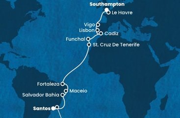 Brazílie, Španělsko, Portugalsko, Francie, Velká Británie ze Santosu na lodi Costa Diadema