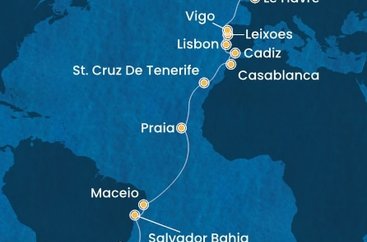 Brazílie, Kapverdy, Španělsko, Maroko, Portugalsko, Francie, Velká Británie ze Santosu na lodi Costa Diadema
