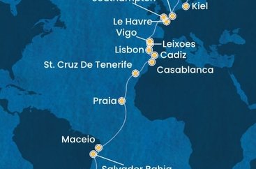 Brazílie, Kapverdy, Španělsko, Maroko, Portugalsko, Francie, Velká Británie, Belgie, Německo ze Santosu na lodi Costa Diadema