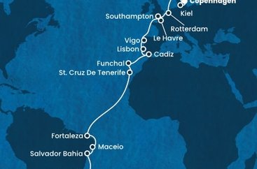 Brazílie, Španělsko, Portugalsko, Francie, Velká Británie, Nizozemsko, Německo, Dánsko ze Santosu na lodi Costa Diadema