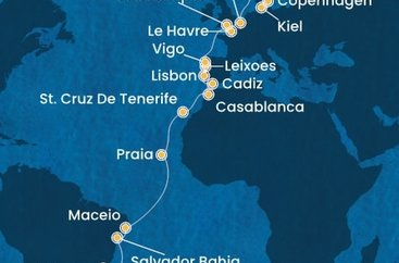 Brazílie, Kapverdy, Španělsko, Maroko, Portugalsko, Francie, Velká Británie, Belgie, Německo, Dánsko ze Santosu na lodi Costa Diadema