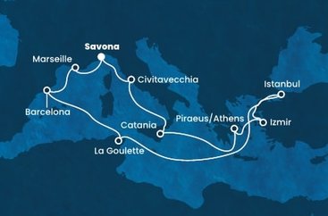 Itálie, Řecko, Turecko, Tunisko, Španělsko, Francie ze Savony na lodi Costa Fortuna