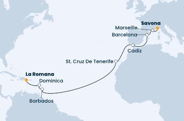Itálie, Francie, Španělsko, Barbados, Dominika, Dominikánská republika ze Savony na lodi Costa Pacifica