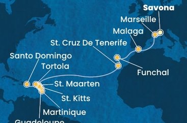 Itálie, Francie, Španělsko, Portugalsko, Svatý Martin, Martinik, Guadeloupe, Svatý Kryštof a Nevis, Britské Panenské ostrovy, Dominikánská republika ze Savony na lodi Costa Fascinosa