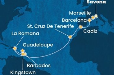 Itálie, Francie, Španělsko, Barbados, Dominikánská republika, Svatý Vincenc a Grenadiny, Guadeloupe ze Savony na lodi Costa Pacifica