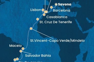 Itálie, Španělsko, Portugalsko, Maroko, Kapverdy, Brazílie ze Savony na lodi Costa Diadema