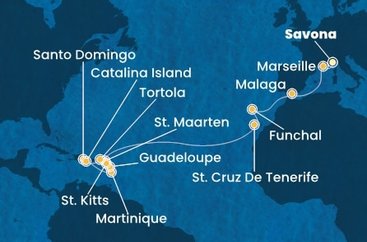 Itálie, Francie, Španělsko, Portugalsko, Svatý Martin, Martinik, Guadeloupe, Svatý Kryštof a Nevis, Britské Panenské ostrovy, Dominikánská republika ze Savony na lodi Costa Fascinosa