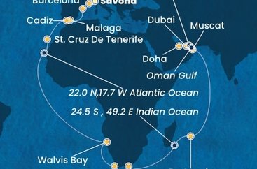 Itálie, Francie, Španělsko, Namibie, Jihoafrická republika, , Mauricius, Omán, Spojené arabské emiráty, Katar ze Savony na lodi Costa Toscana