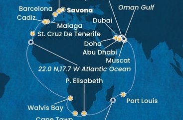 Itálie, Francie, Španělsko, Namibie, Jihoafrická republika, Mauricius, Omán, Spojené arabské emiráty, Katar ze Savony na lodi Costa Smeralda