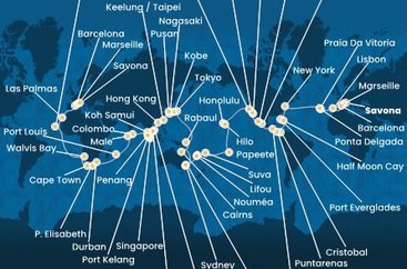 Itálie, Francie, Španělsko, Portugalsko, USA, Bahamy, Panama, Kostarika, Guatemala, Mexiko, Havaj, Francouzská Polynésie, Fidži, Nová Kaledonie, Austrálie, Papua Nová Guinea, Honšú, Kjúšú, Jižní Korea, Tchaj-wan, Čína, Vietnam, Thajsko, Singapur, Malajsie, Penang, Srí Lanka, Maledivy, Mauricius, Jihoafrická republika, Namibie, Sao Vincente, Gran Canaria ze Savony na lodi Costa Deliziosa