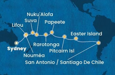 Austrálie, Nová Kaledonie, Fidži, Tonga, Cookovy ostrovy, Francouzská Polynésie, Zámořské území Velké Británie, Chile ze Sydney na lodi Costa Serena