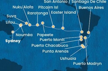 Austrálie, Nová Kaledonie, Fidži, Tonga, Cookovy ostrovy, Francouzská Polynésie, Zámořské území Velké Británie, Chile, Argentina ze Sydney na lodi Costa Serena