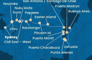 Austrálie, Nová Kaledonie, Fidži, Tonga, , Cookovy ostrovy, Francouzská Polynésie, Zámořské území Velké Británie, Chile, Argentina ze Sydney na lodi Costa Serena