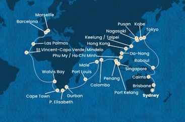Austrálie, Papua Nová Guinea, Japonsko, Jižní Korea, Tchaj-wan, Čína, Vietnam, Singapur, Malajsie, Srí Lanka, Maledivy, Mauricius, Jihoafrická republika, Namibie, Kapverdy, Španělsko, Francie ze Sydney na lodi Costa Deliziosa
