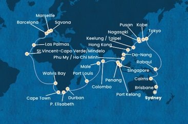 Austrálie, Papua Nová Guinea, Japonsko, Jižní Korea, Tchaj-wan, Čína, Vietnam, Singapur, Malajsie, Srí Lanka, Maledivy, Mauricius, Jihoafrická republika, Namibie, Kapverdy, Španělsko, Francie, Itálie ze Sydney na lodi Costa Deliziosa