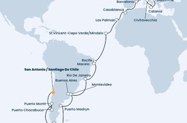 Itálie, Chorvatsko, Francie, Španělsko, Maroko, Kapverdy, Brazílie, Uruguay, Argentina, Chile na lodi Costa Deliziosa