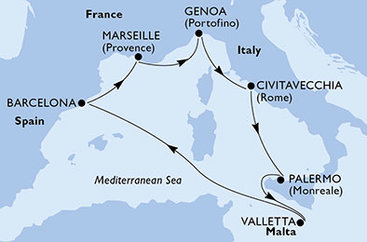 Itálie, Malta, Španělsko, Francie z Civitavecchia na lodi MSC Grandiosa