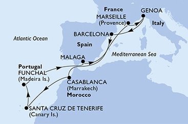 Španělsko, Francie, Itálie, Maroko, Portugalsko z Málagy na lodi MSC Poesia