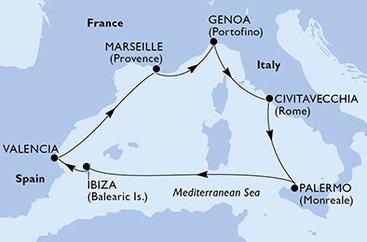 Itálie, Španělsko, Francie z Civitavecchia na lodi MSC Seashore