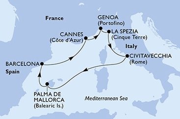 Španělsko, Francie, Itálie z Palma de Mallorca na lodi MSC Seaview