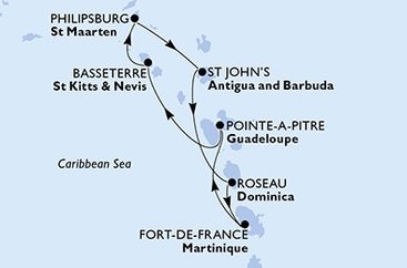 Guadeloupe, Svatý Kryštof a Nevis, Svatý Martin, Antigua a Barbuda, Dominika, Martinik z Pointe-à-Pitre, Guadeloupe na lodi MSC Seaside