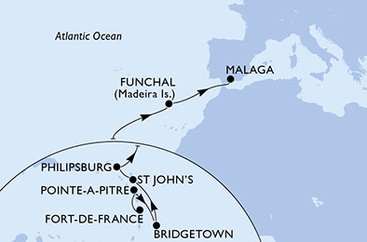 Martinik, Guadeloupe, Barbados, Antigua a Barbuda, Svatý Martin, Portugalsko, Španělsko z Fort-de-France, Martinik na lodi MSC Seaside