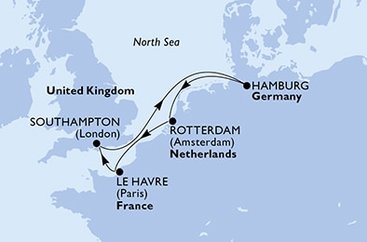 Francie, Velká Británie, Německo, Nizozemsko z Le Havru na lodi MSC Virtuosa