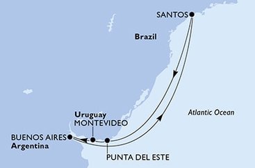Brazílie, Uruguay, Argentina ze Santosu na lodi MSC Preziosa