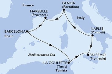 Španělsko, Tunisko, Itálie, Francie z Barcelony na lodi MSC Grandiosa