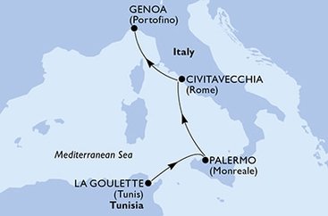 Tunisko, Itálie z La Goulette na lodi MSC Grandiosa