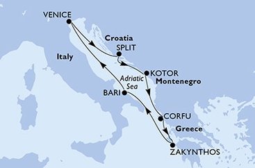 Itálie, Chorvatsko, Černá Hora, Řecko z Bari na lodi MSC Lirica