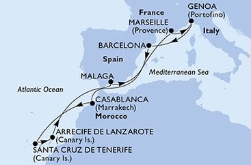 Španělsko, Francie, Itálie, Maroko z Tenerife na lodi MSC Divina