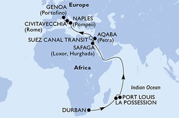 Jihoafrická republika, Reunion, Mauricius, Egypt, Jordánsko, Itálie z Durbanu na lodi MSC Splendida