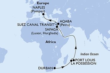 Jihoafrická republika, Reunion, Mauricius, Egypt, Jordánsko, Itálie z Durbanu na lodi MSC Splendida