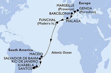 Itálie, Francie, Španělsko, Portugalsko, Brazílie z Janova na lodi MSC Grandiosa