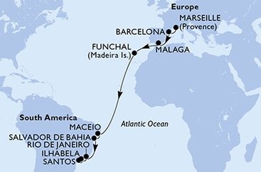 Francie, Španělsko, Portugalsko, Brazílie z Marseille na lodi MSC Grandiosa