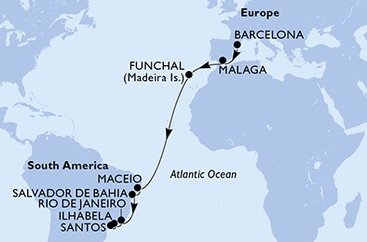 Španělsko, Portugalsko, Brazílie z Barcelony na lodi MSC Grandiosa