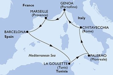 Francie, Španělsko, Tunisko, Itálie z Marseille na lodi MSC Grandiosa